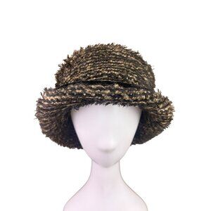 Heaslip Womens Black Beige Acrylic Nylon Textured Cloche Bucket Hat Retro Style